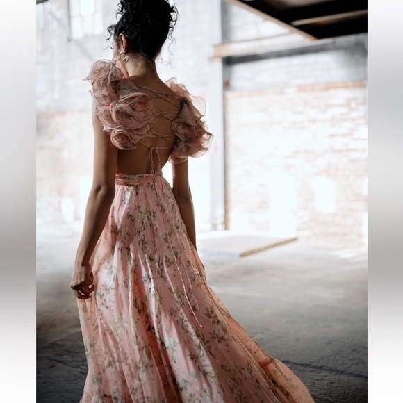 Mac Duggal 67803 Floral Chiffon Cutout Ruffle Shoulder Ball Gown Maxi Dress sz 8 - Picture 4 of 15